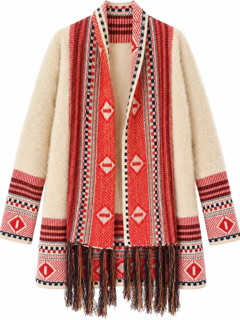 Longline Boho Cardigan Sweater Coat Southwestern Fringe Ivory Red Soft